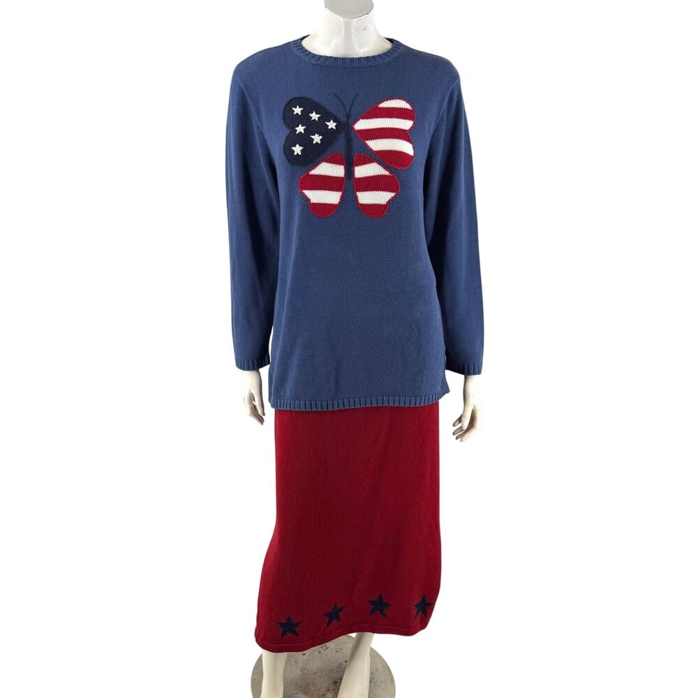 Quacker Factory Womens Sweater Skirt Set Size M USA Patriotic Red White Blue